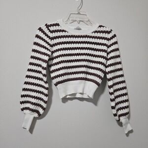 Faith & Zoe Womens XS Striped Cropped Sweater Balloon Sleeve Burgundy Cream Knit